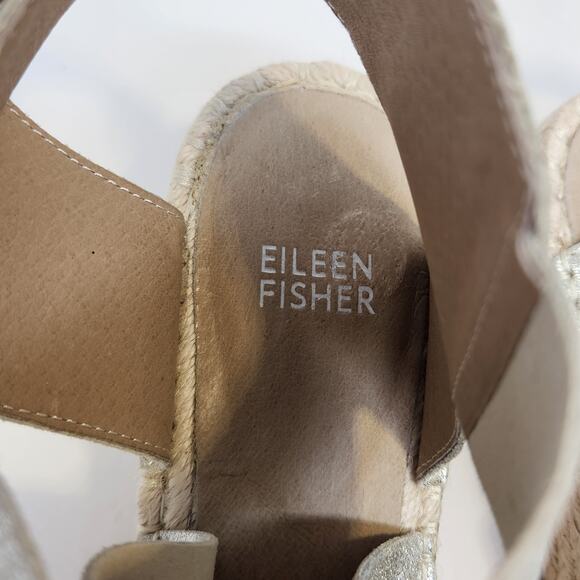 Eileen Fisher Willow Espadrille Wedge Sandals Size 9 Gold Metallic Leather - Picture 4 of 9